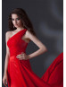 One Shoulder Red Chiffon Corset Back Minimalist Evening Dress